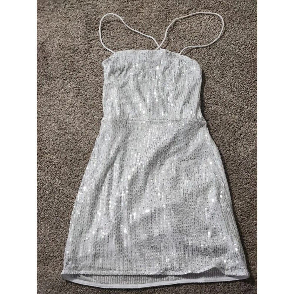 Woman's white strappy party dress with sequin overlay dress Medium
